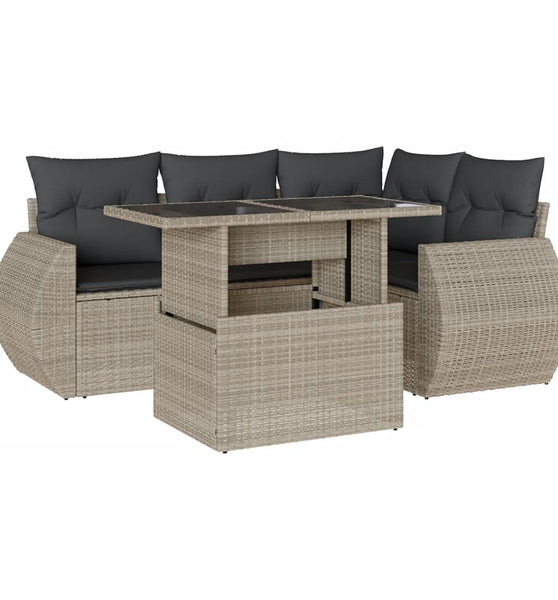 5-tlg. Garten-Sofagarnitur mit Kissen Hellgrau Poly Rattan