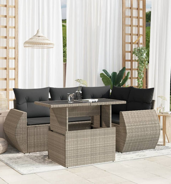 5-tlg. Garten-Sofagarnitur mit Kissen Hellgrau Poly Rattan