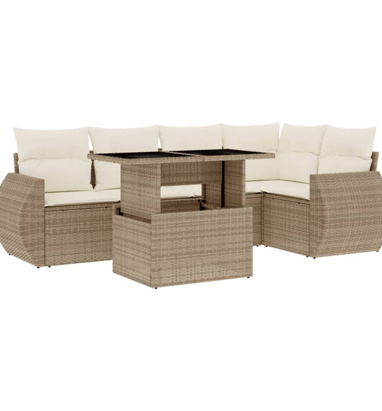 6-tlg. Garten-Sofagarnitur mit Kissen Beige Poly Rattan