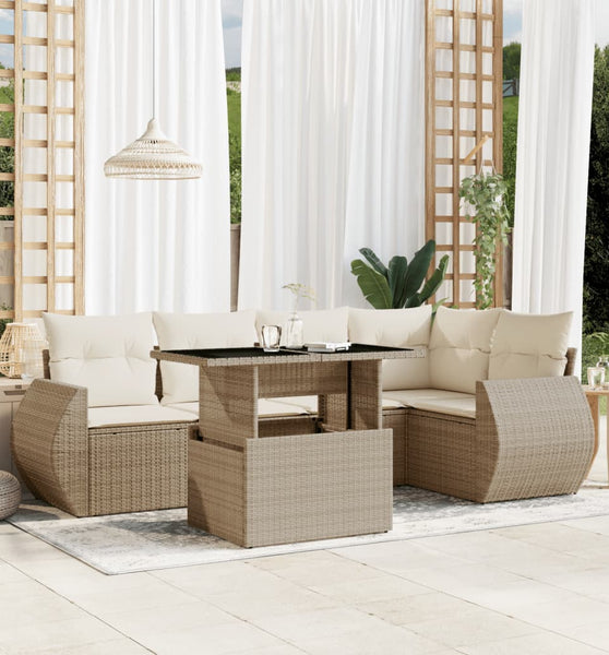 6-tlg. Garten-Sofagarnitur mit Kissen Beige Poly Rattan