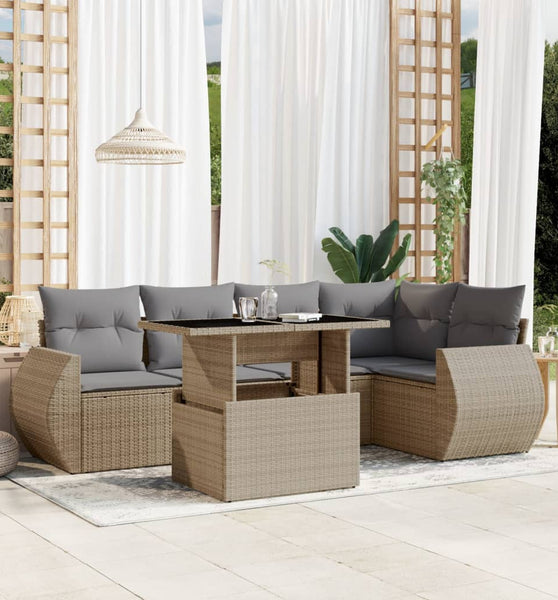6-tlg. Garten-Sofagarnitur mit Kissen Beige Poly Rattan
