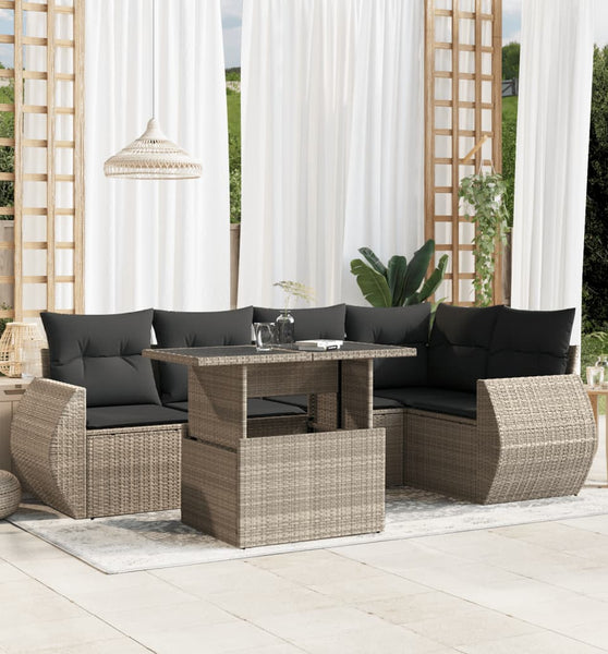 6-tlg. Garten-Sofagarnitur mit Kissen Hellgrau Poly Rattan