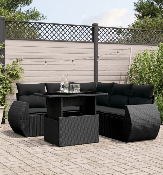 6-tlg. Garten-Sofagarnitur mit Kissen Schwarz Poly Rattan