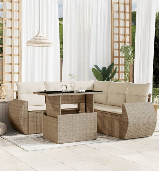 6-tlg. Garten-Sofagarnitur mit Kissen Beige Poly Rattan