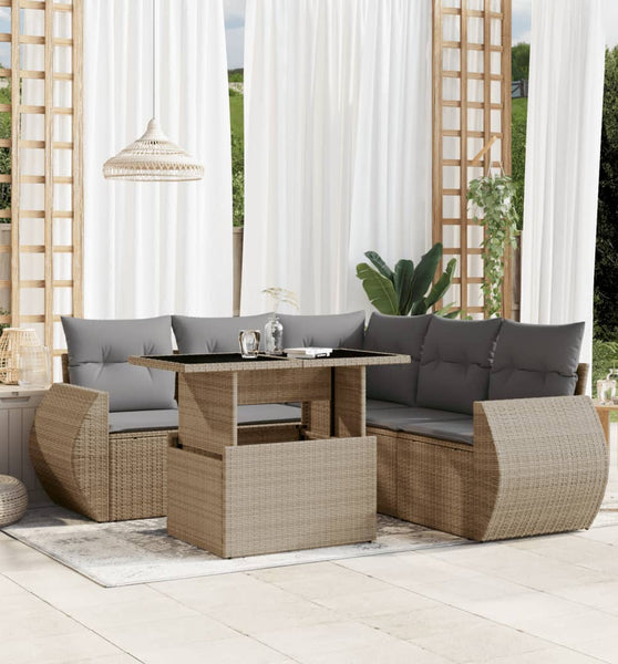 6-tlg. Garten-Sofagarnitur mit Kissen Beige Poly Rattan