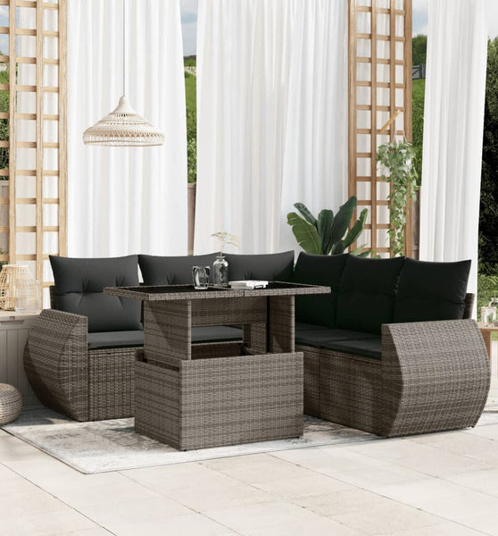 6-tlg. Garten-Sofagarnitur mit Kissen Grau Poly Rattan