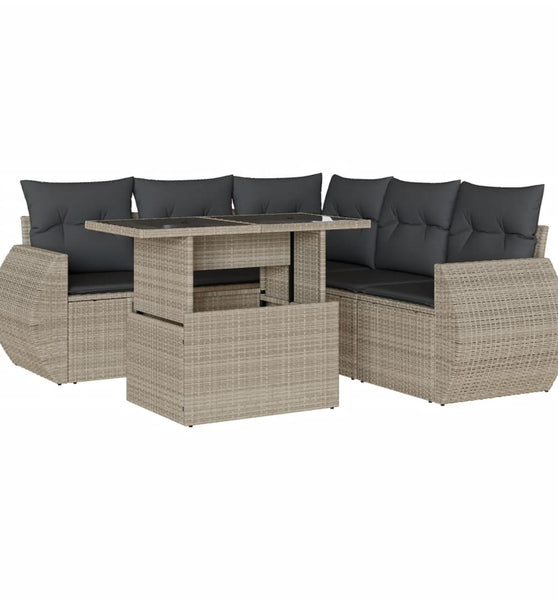 6-tlg. Garten-Sofagarnitur mit Kissen Hellgrau Poly Rattan