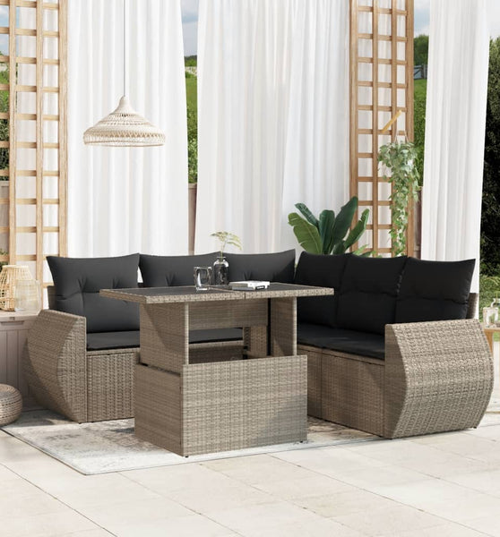 6-tlg. Garten-Sofagarnitur mit Kissen Hellgrau Poly Rattan