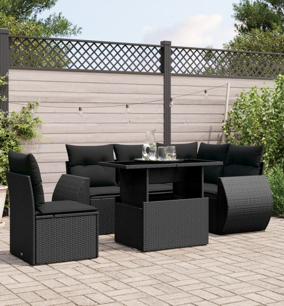 6-tlg. Garten-Sofagarnitur mit Kissen Schwarz Poly Rattan