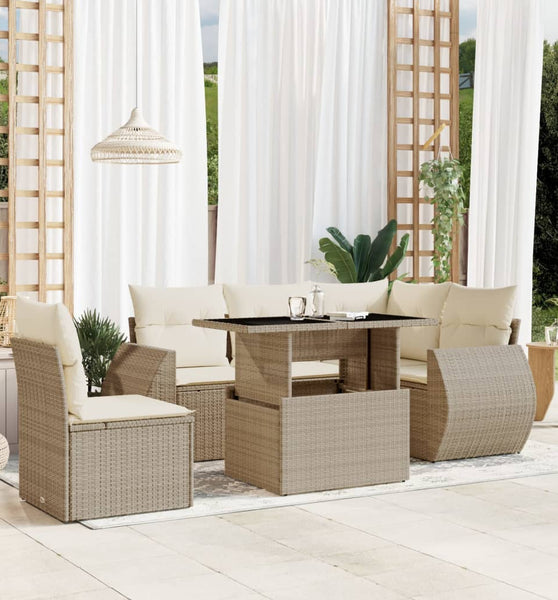 6-tlg. Garten-Sofagarnitur mit Kissen Beige Poly Rattan