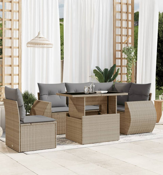 6-tlg. Garten-Sofagarnitur mit Kissen Beige Poly Rattan