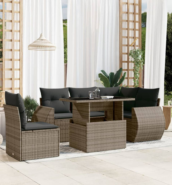6-tlg. Garten-Sofagarnitur mit Kissen Grau Poly Rattan