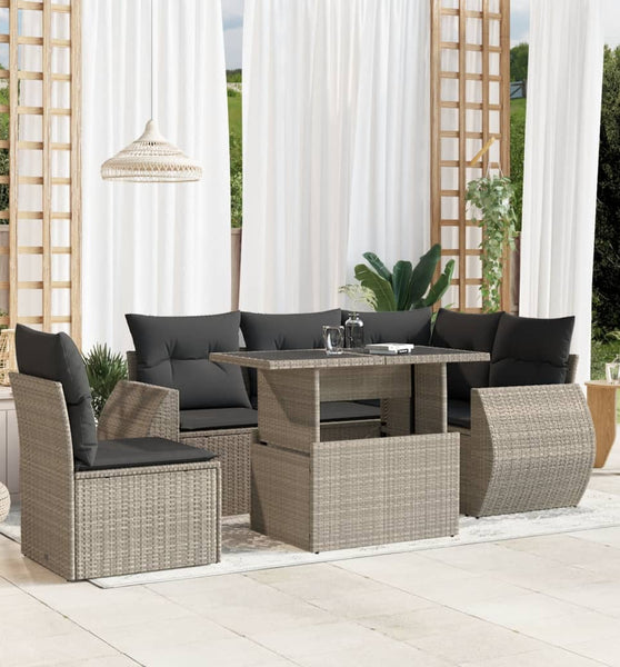 6-tlg. Garten-Sofagarnitur mit Kissen Hellgrau Poly Rattan