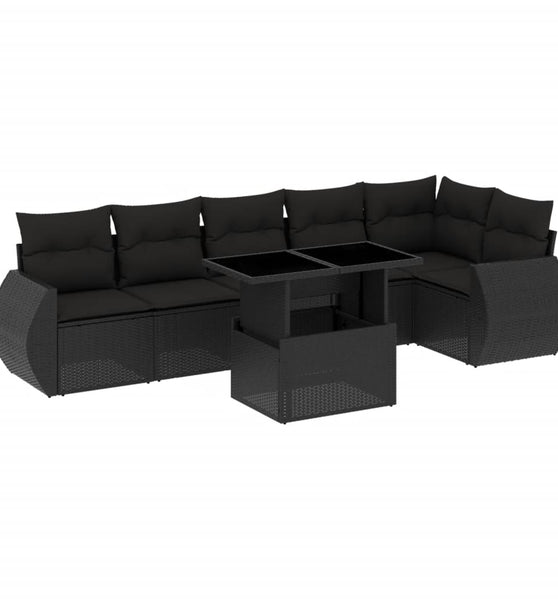 7-tlg. Garten-Sofagarnitur mit Kissen Schwarz Poly Rattan
