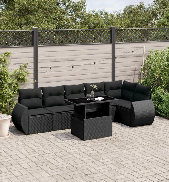 7-tlg. Garten-Sofagarnitur mit Kissen Schwarz Poly Rattan