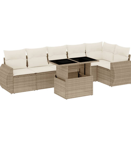 7-tlg. Garten-Sofagarnitur mit Kissen Beige Poly Rattan