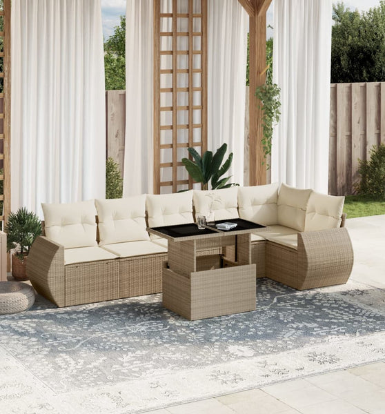 7-tlg. Garten-Sofagarnitur mit Kissen Beige Poly Rattan