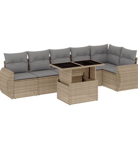 7-tlg. Garten-Sofagarnitur mit Kissen Beige Poly Rattan