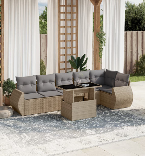 7-tlg. Garten-Sofagarnitur mit Kissen Beige Poly Rattan