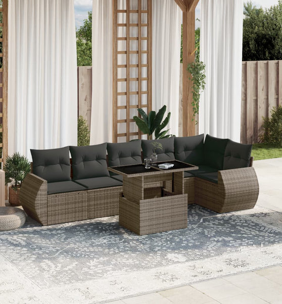 7-tlg. Garten-Sofagarnitur mit Kissen Grau Poly Rattan