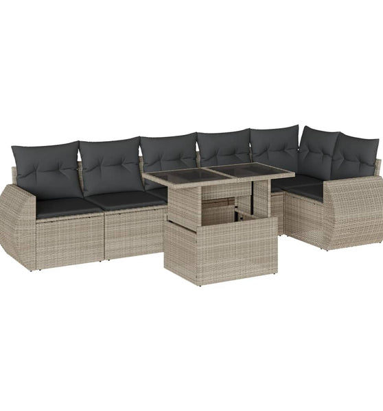 7-tlg. Garten-Sofagarnitur mit Kissen Hellgrau Poly Rattan