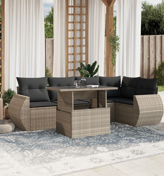 7-tlg. Garten-Sofagarnitur mit Kissen Hellgrau Poly Rattan