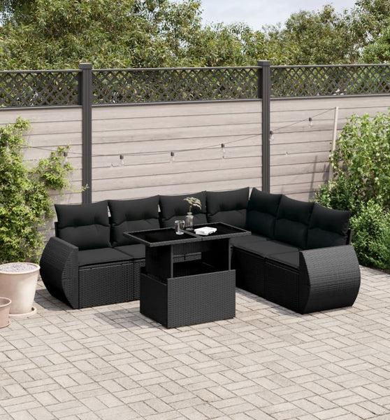 7-tlg. Garten-Sofagarnitur mit Kissen Schwarz Poly Rattan