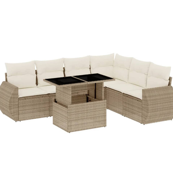 7-tlg. Garten-Sofagarnitur mit Kissen Beige Poly Rattan