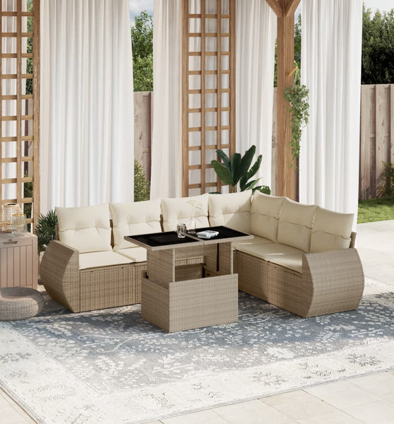 7-tlg. Garten-Sofagarnitur mit Kissen Beige Poly Rattan