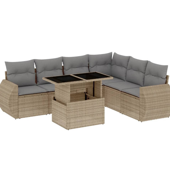 7-tlg. Garten-Sofagarnitur mit Kissen Beige Poly Rattan