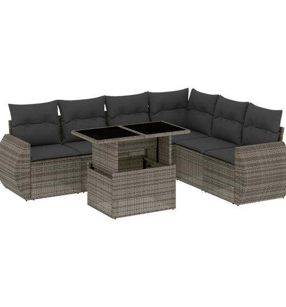 7-tlg. Garten-Sofagarnitur mit Kissen Grau Poly Rattan
