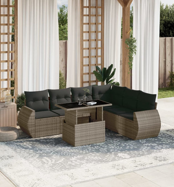7-tlg. Garten-Sofagarnitur mit Kissen Grau Poly Rattan