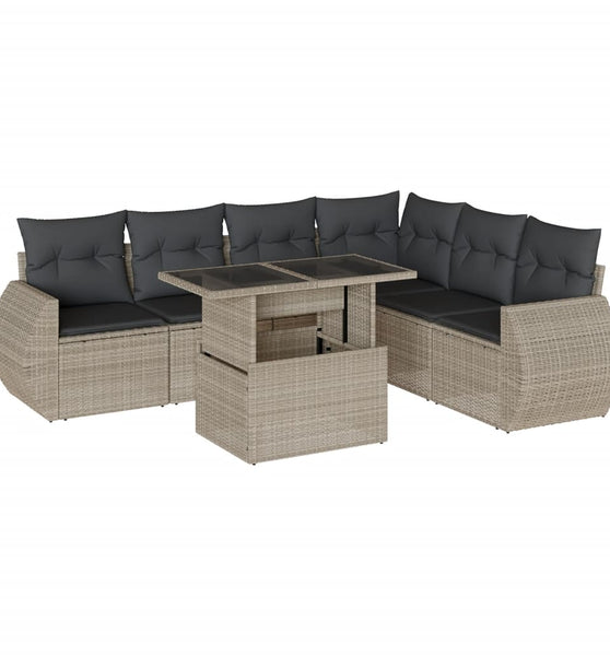 7-tlg. Garten-Sofagarnitur mit Kissen Hellgrau Poly Rattan