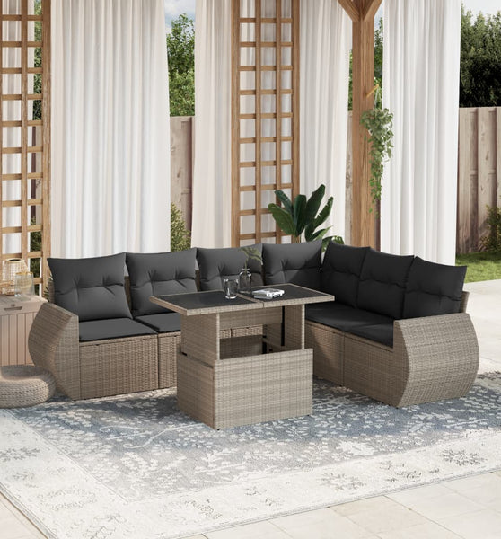 7-tlg. Garten-Sofagarnitur mit Kissen Hellgrau Poly Rattan