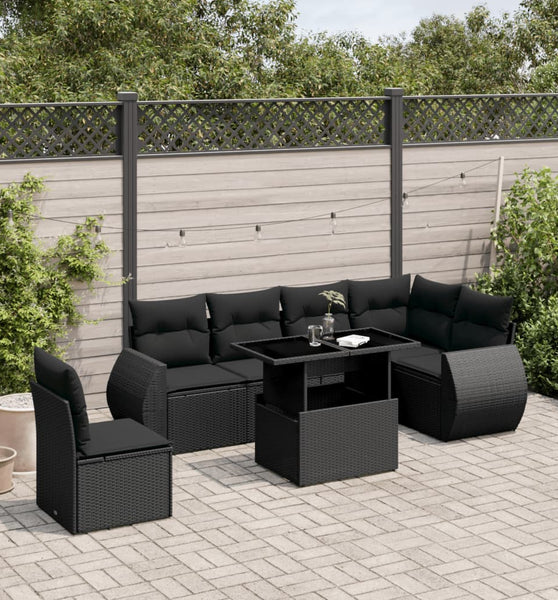7-tlg. Garten-Sofagarnitur mit Kissen Schwarz Poly Rattan