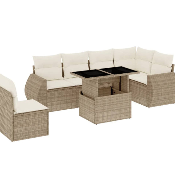 7-tlg. Garten-Sofagarnitur mit Kissen Beige Poly Rattan