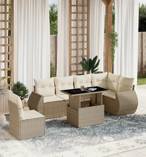 7-tlg. Garten-Sofagarnitur mit Kissen Beige Poly Rattan