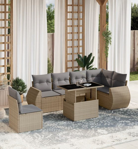 7-tlg. Garten-Sofagarnitur mit Kissen Beige Poly Rattan