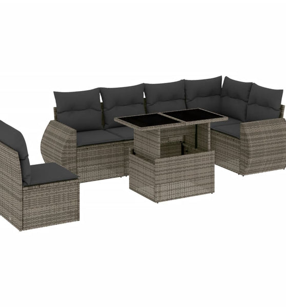 7-tlg. Garten-Sofagarnitur mit Kissen Grau Poly Rattan