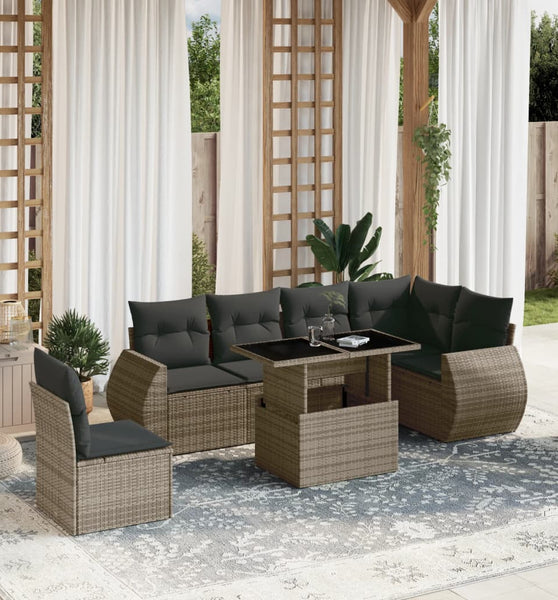7-tlg. Garten-Sofagarnitur mit Kissen Grau Poly Rattan