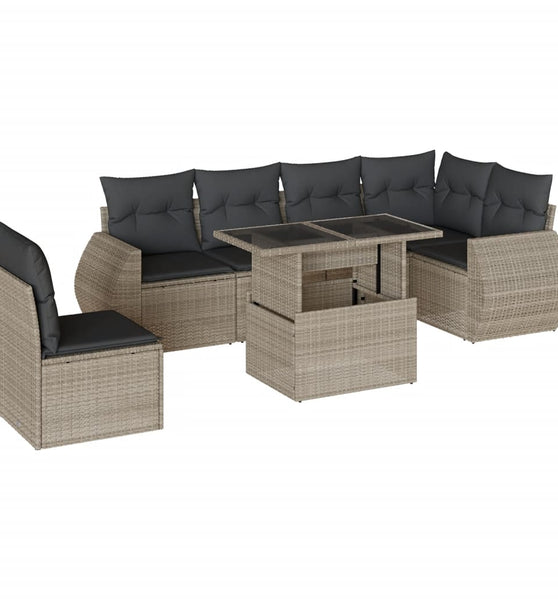 7-tlg. Garten-Sofagarnitur mit Kissen Hellgrau Poly Rattan