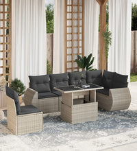 7-tlg. Garten-Sofagarnitur mit Kissen Hellgrau Poly Rattan
