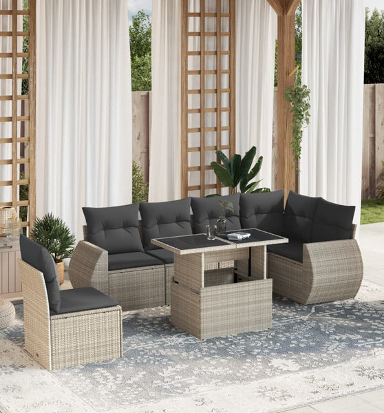 7-tlg. Garten-Sofagarnitur mit Kissen Hellgrau Poly Rattan