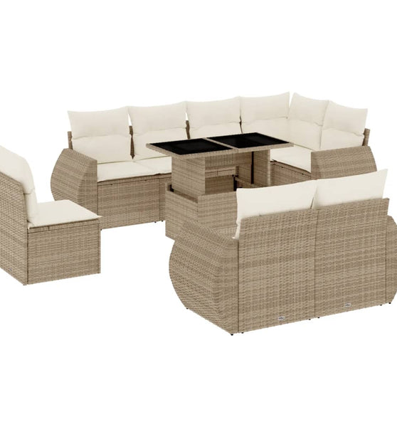 9-tlg. Garten-Sofagarnitur mit Kissen Beige Poly Rattan