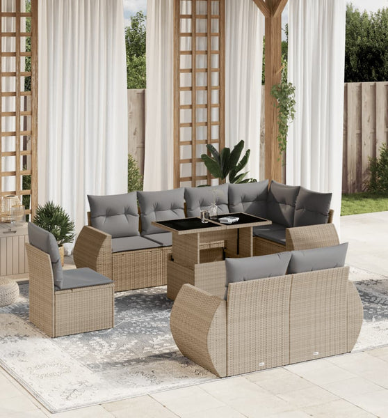 9-tlg. Garten-Sofagarnitur mit Kissen Beige Poly Rattan