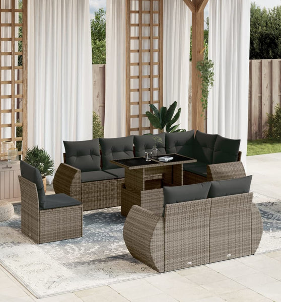 9-tlg. Garten-Sofagarnitur mit Kissen Grau Poly Rattan