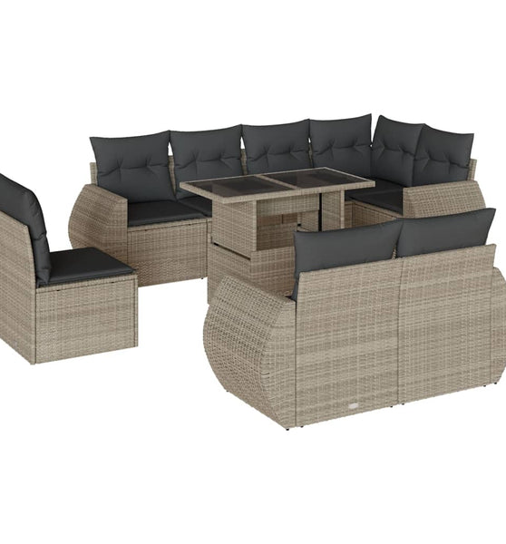 9-tlg. Garten-Sofagarnitur mit Kissen Hellgrau Poly Rattan