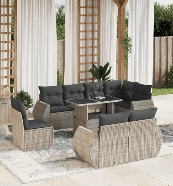 9-tlg. Garten-Sofagarnitur mit Kissen Hellgrau Poly Rattan