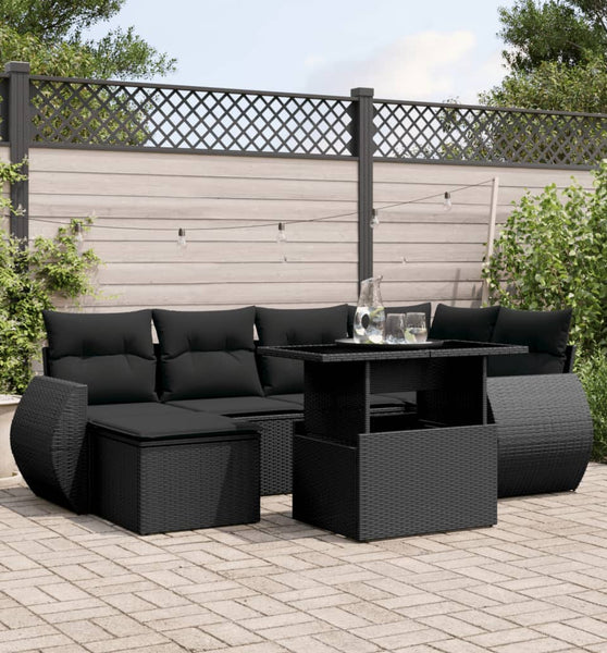 7-tlg. Garten-Sofagarnitur mit Kissen Schwarz Poly Rattan