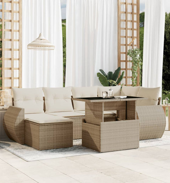 7-tlg. Garten-Sofagarnitur mit Kissen Beige Poly Rattan
